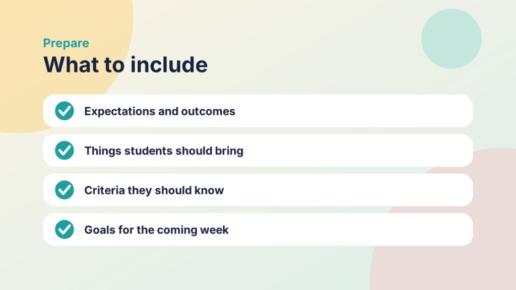 Checklist for the Prepare element: expectations and outcomes, things to bring, criteria to know, and goals for the week
