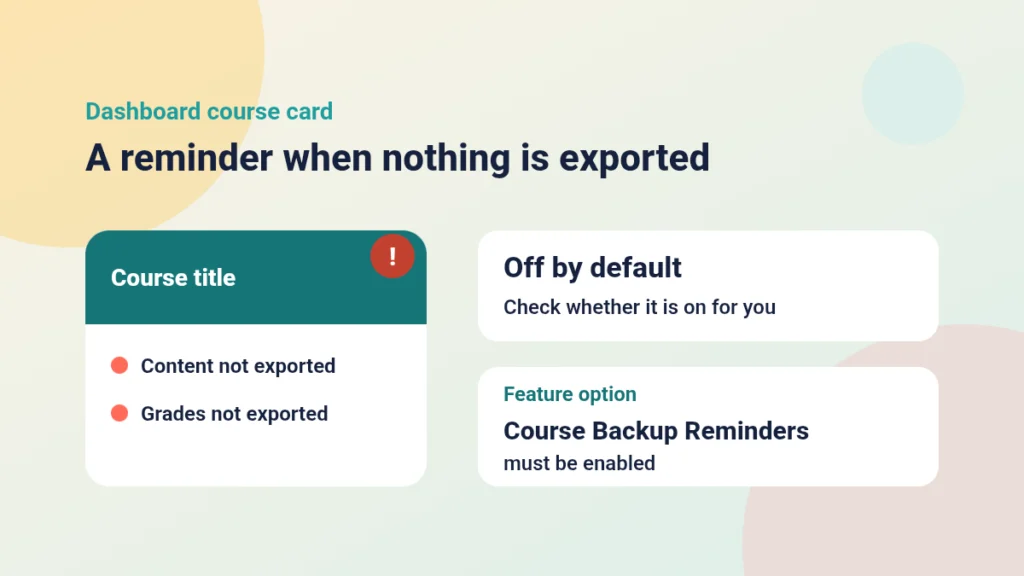Sketch of a Dashboard course card with an alert badge and two lines saying content and grades are not exported