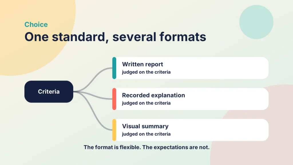 A box labelled criteria branching to three formats: written report, recorded explanation and visual summary