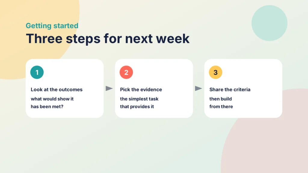 Three steps for next week: look at the outcomes, pick the evidence and share the criteria