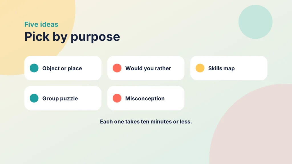 Five cards naming five icebreakers: object or place, would you rather, skills map, group puzzle and misconception starter