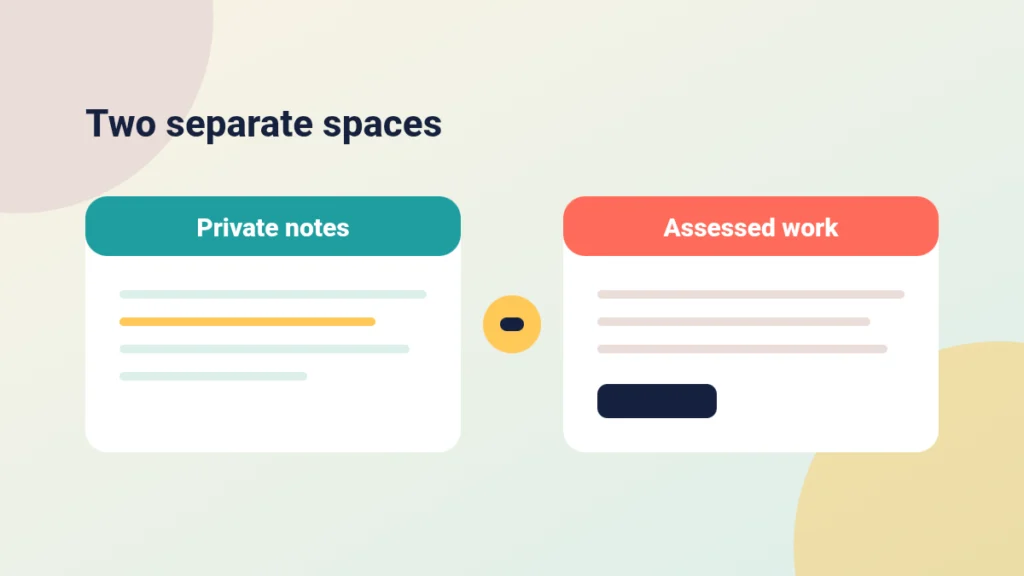 Two panels: private notes on the left and assessed work on the right, with a gap between them