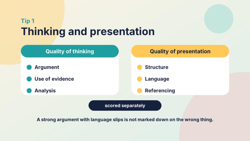 Two panels, one listing criteria for quality of thinking and one for quality of presentation, scored separately