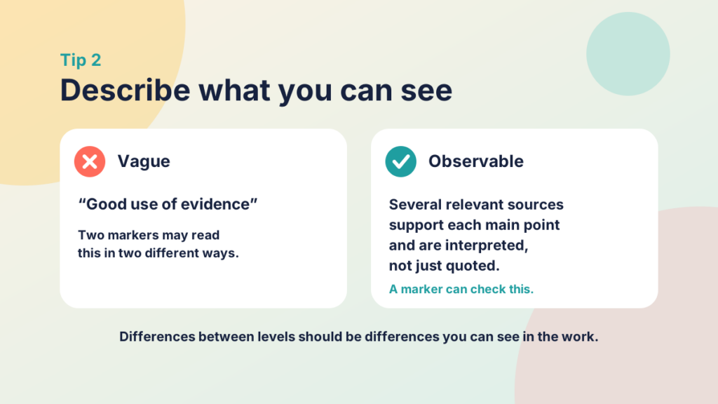 Comparison of a vague descriptor, good use of evidence, with an observable descriptor a marker can check