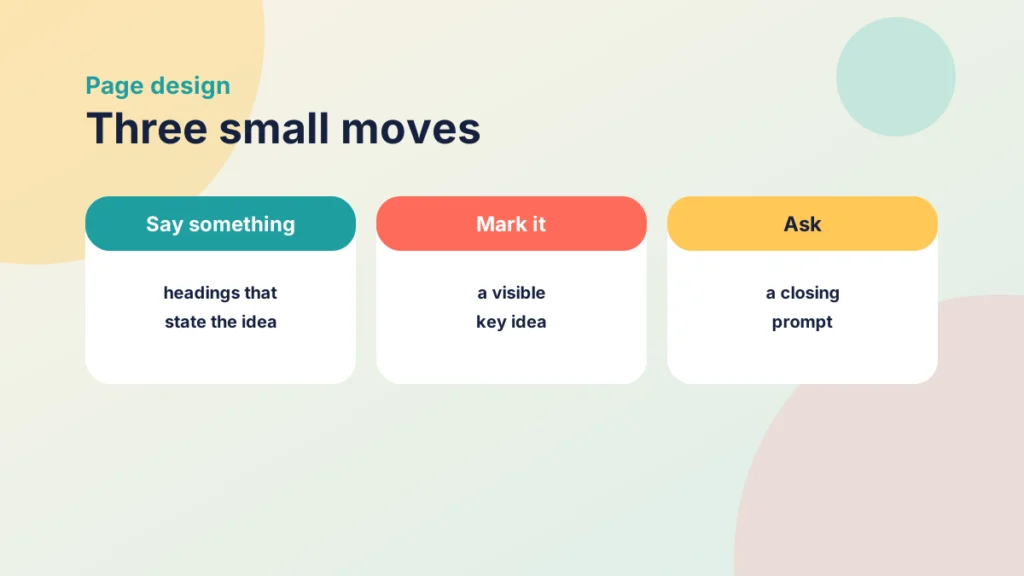 Three cards for three small page moves: headings that state the idea, a visible key idea and a closing prompt